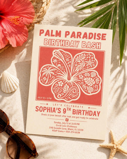 Palm Paradise Birthday Invitation, Tropical Hibiscus Beach Bash (Digital Download) __etsy:8018560445