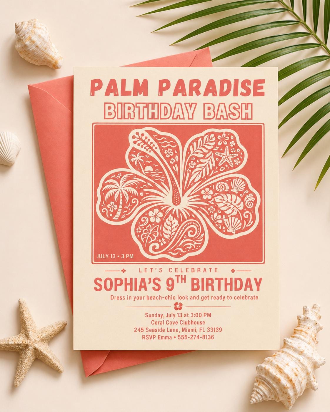 Palm Paradise Birthday Invitation, Tropical Hibiscus Beach Bash (Digital Download) __etsy:7970609416