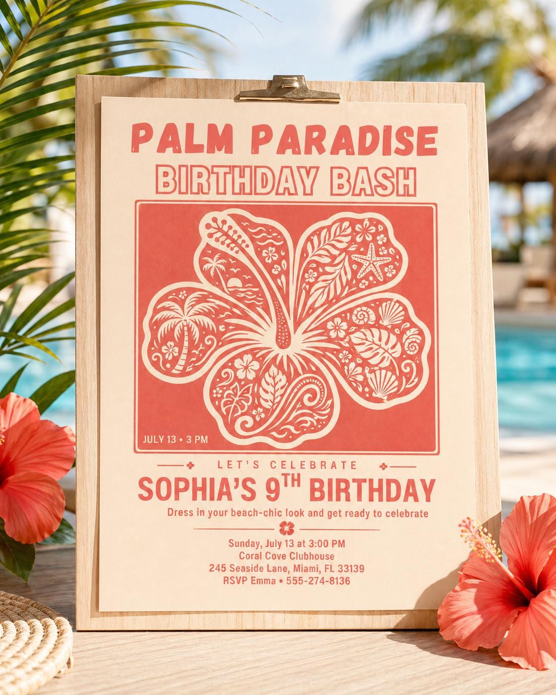 Palm Paradise Birthday Invitation, Tropical Hibiscus Beach Bash (Digital Download) __etsy:7970609440