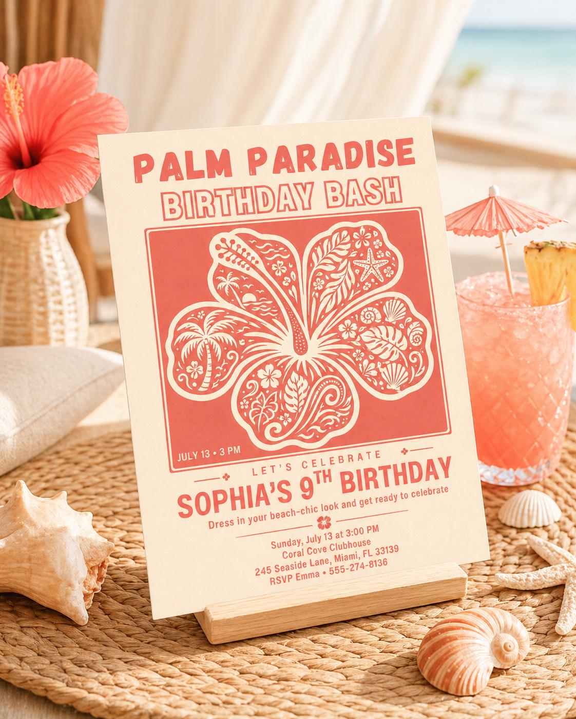 Palm Paradise Birthday Invitation, Tropical Hibiscus Beach Bash (Digital Download) __etsy:8018560443