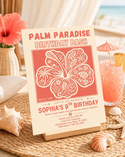 Palm Paradise Birthday Invitation, Tropical Hibiscus Beach Bash (Digital Download) __etsy:8018560443