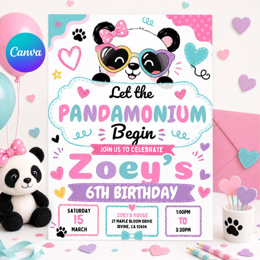 Panda Birthday Invitation Girl, Pandamonium 6th Birthday Invite, Cute Panda Party Canva Template, Editable Kids Birthday Printable, Canva __etsy:8027077596