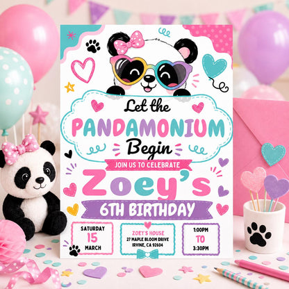Panda Birthday Invitation Girl, Pandamonium 6th Birthday Invite, Cute Panda Party Canva Template, Editable Kids Birthday Printable, Canva __etsy:8074990683