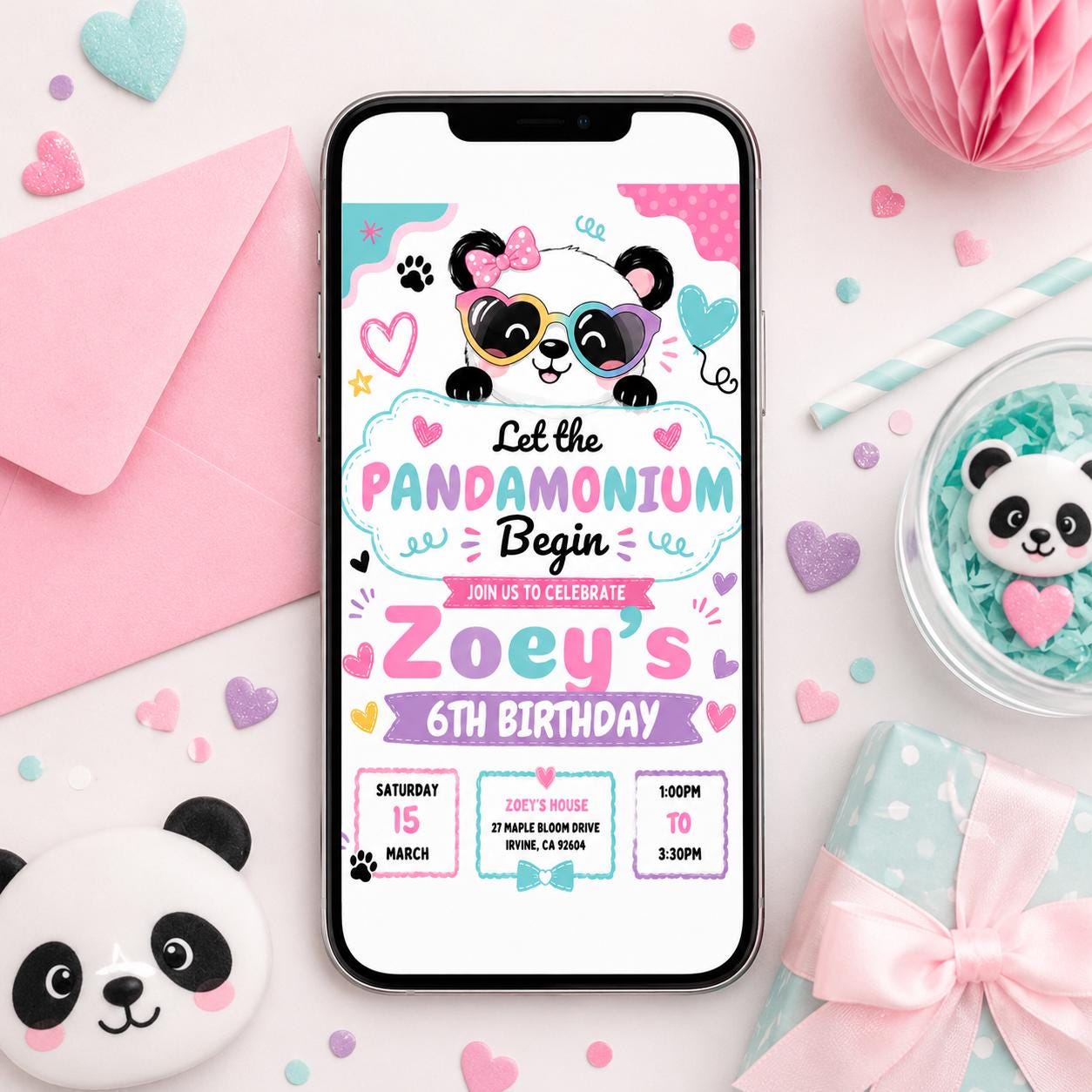 Panda Birthday Invitation Girl, Pandamonium 6th Birthday Invite, Cute Panda Party Canva Template, Editable Kids Birthday Printable, Canva __etsy:8074990679