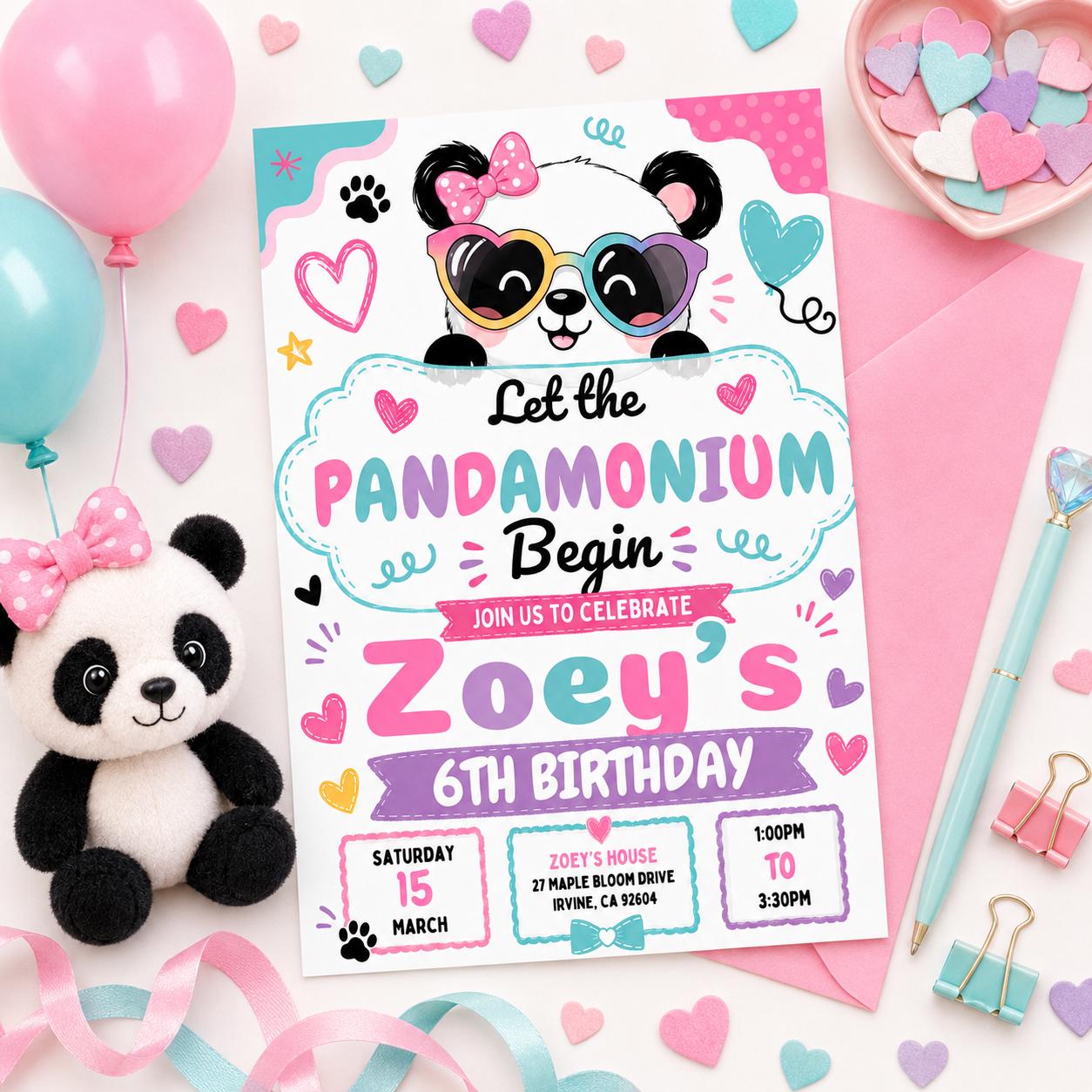 Panda Birthday Invitation Girl, Pandamonium 6th Birthday Invite, Cute Panda Party Canva Template, Editable Kids Birthday Printable, Canva __etsy:8027075888