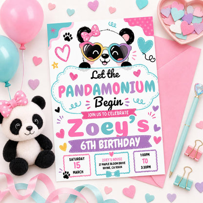 Panda Birthday Invitation Girl, Pandamonium 6th Birthday Invite, Cute Panda Party Canva Template, Editable Kids Birthday Printable, Canva __etsy:8027075888