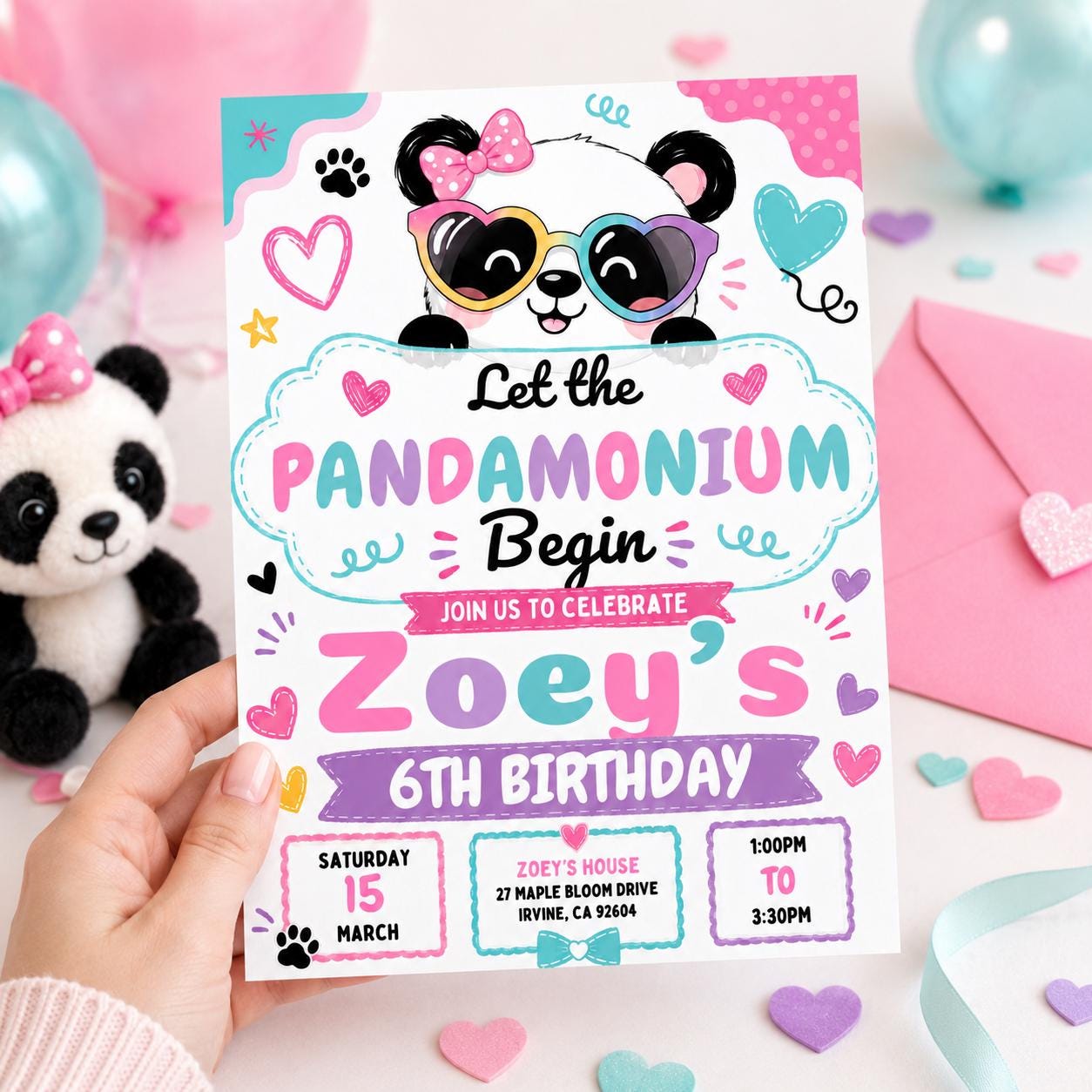 Panda Birthday Invitation Girl, Pandamonium 6th Birthday Invite, Cute Panda Party Canva Template, Editable Kids Birthday Printable, Canva __etsy:8027075904