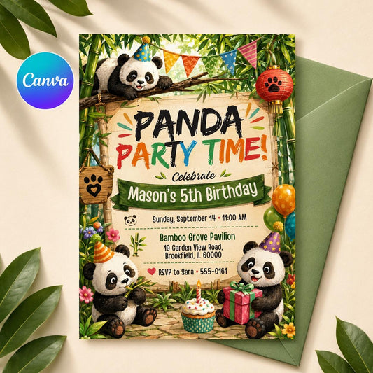 Panda Party Invitation, Panda Birthday, Editable Bamboo Forest Party Invite, andamonium 5th  Invite, Cute Panda, Kids Animal Invite, Canva, __etsy:8068167650