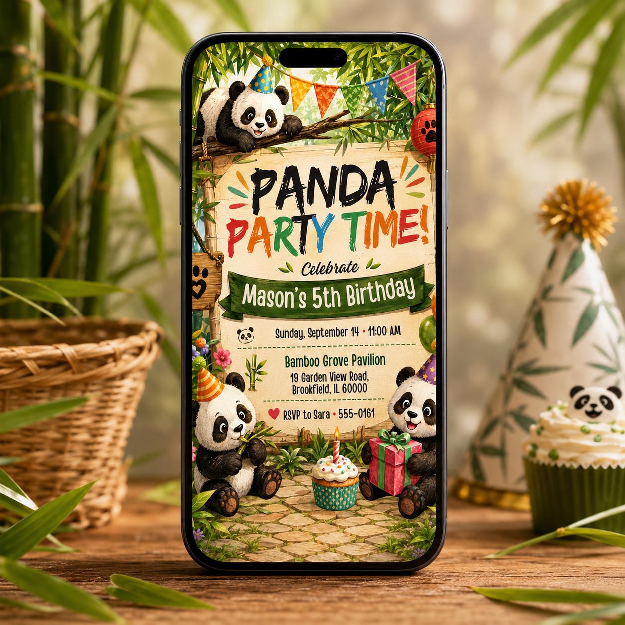 Panda Party Invitation, Panda Birthday, Editable Bamboo Forest Party Invite, andamonium 5th  Invite, Cute Panda, Kids Animal Invite, Canva, __etsy:8068167632