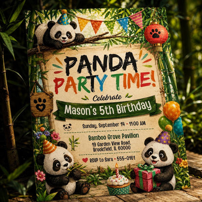 Panda Party Invitation, Panda Birthday, Editable Bamboo Forest Party Invite, andamonium 5th  Invite, Cute Panda, Kids Animal Invite, Canva, __etsy:8068167708