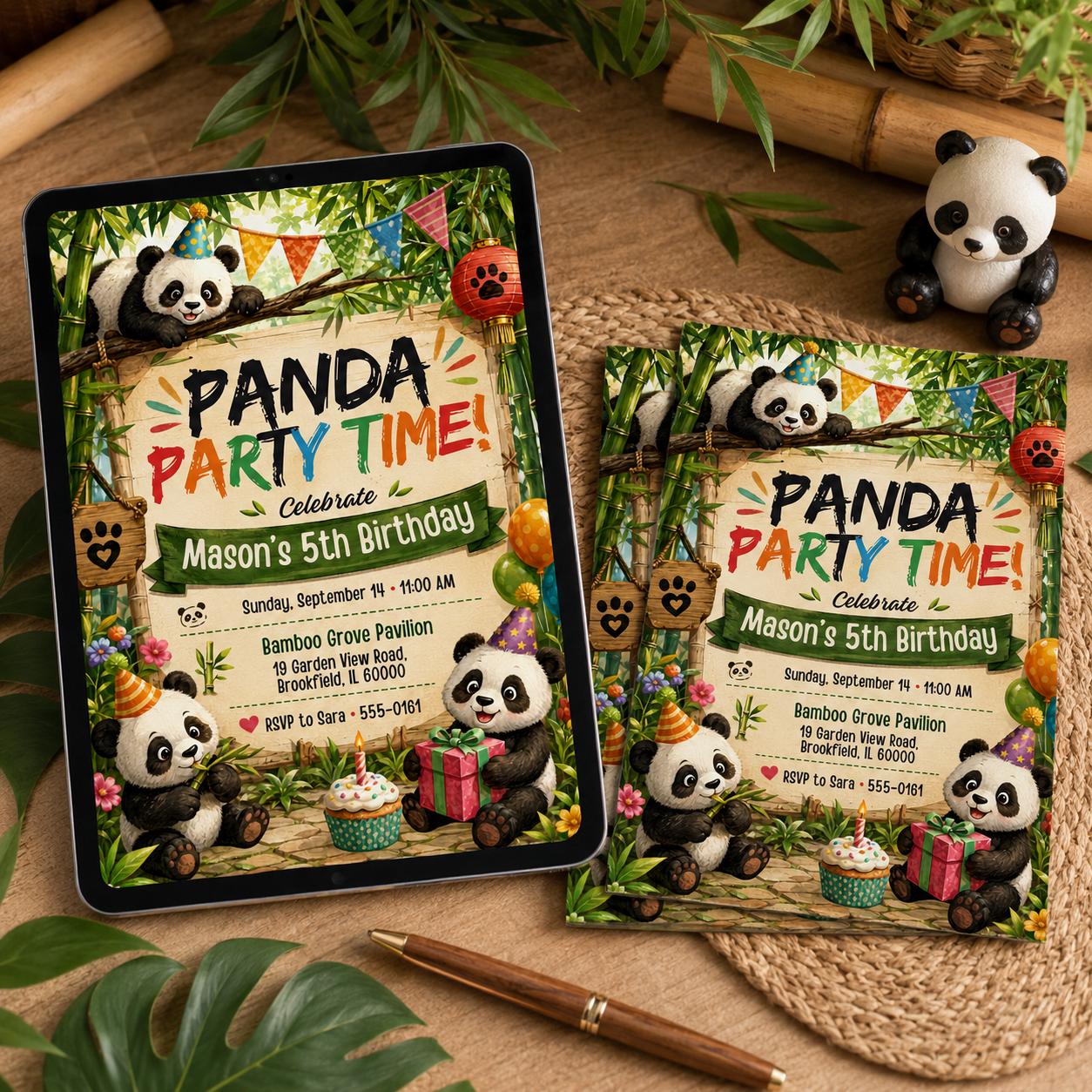 Panda Party Invitation, Panda Birthday, Editable Bamboo Forest Party Invite, andamonium 5th  Invite, Cute Panda, Kids Animal Invite, Canva, __etsy:8068167710