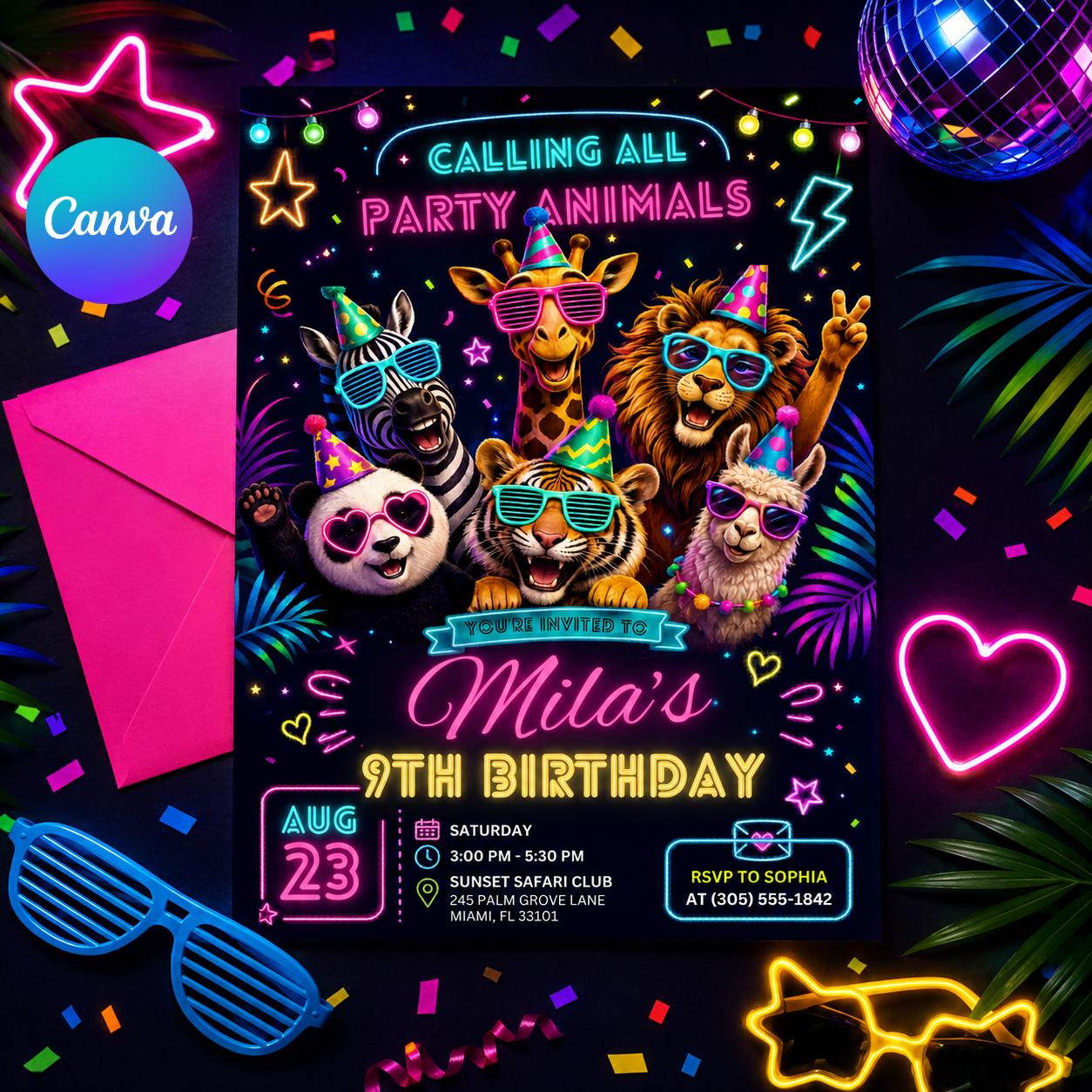Party Animals Birthday Invitation Editable Template for Kids, Fun Animal-Themed Party, Neon Any Age invite, Editable Canva Template __etsy:8048826773