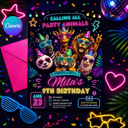 Party Animals Birthday Invitation Editable Template for Kids, Fun Animal-Themed Party, Neon Any Age invite, Editable Canva Template __etsy:8048826773