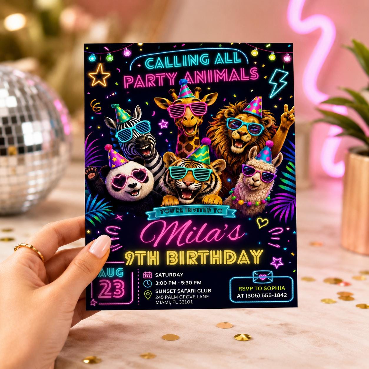 Party Animals Birthday Invitation Editable Template for Kids, Fun Animal-Themed Party, Neon Any Age invite, Editable Canva Template __etsy:7998275792