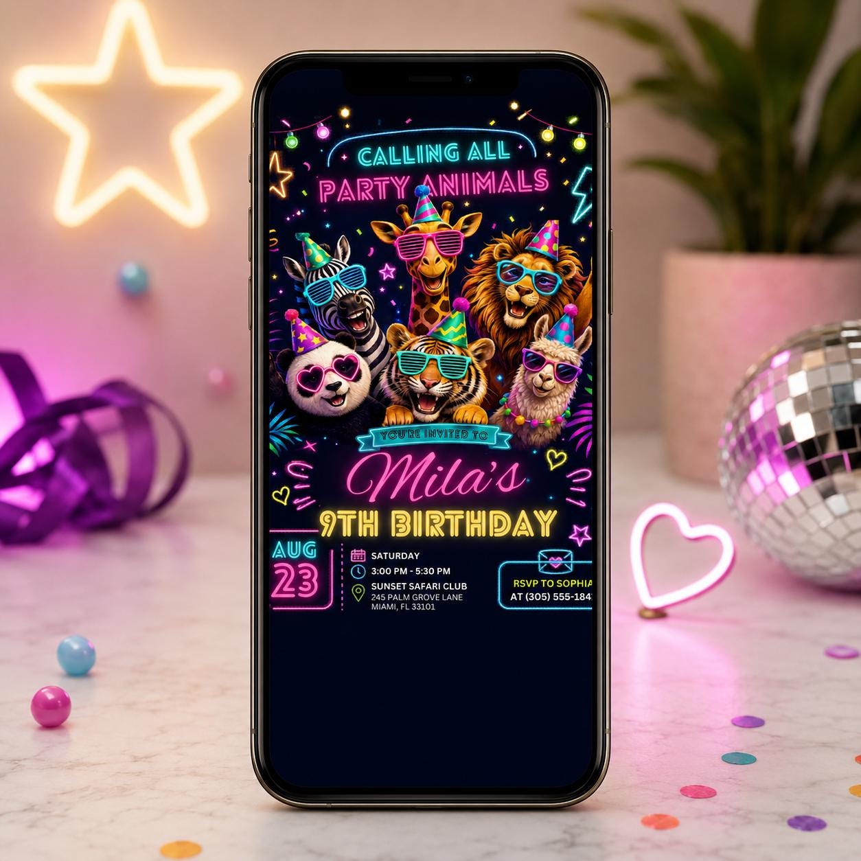 Party Animals Birthday Invitation Editable Template for Kids, Fun Animal-Themed Party, Neon Any Age invite, Editable Canva Template __etsy:7998275846