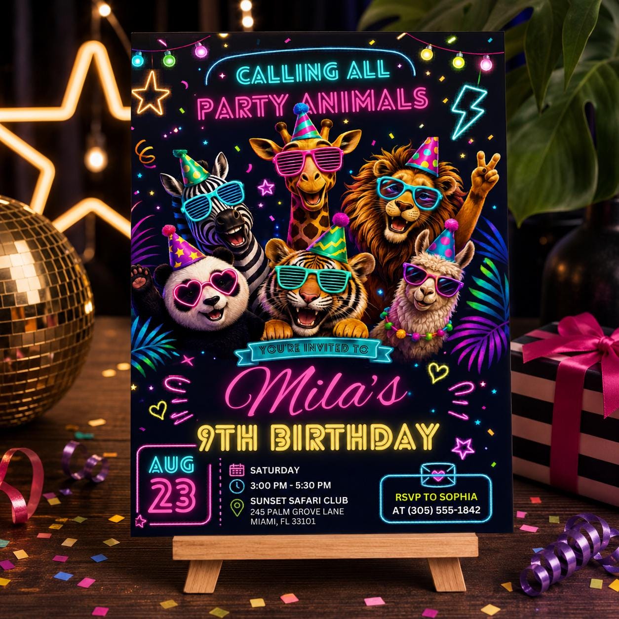 Party Animals Birthday Invitation Editable Template for Kids, Fun Animal-Themed Party, Neon Any Age invite, Editable Canva Template __etsy:7998275836