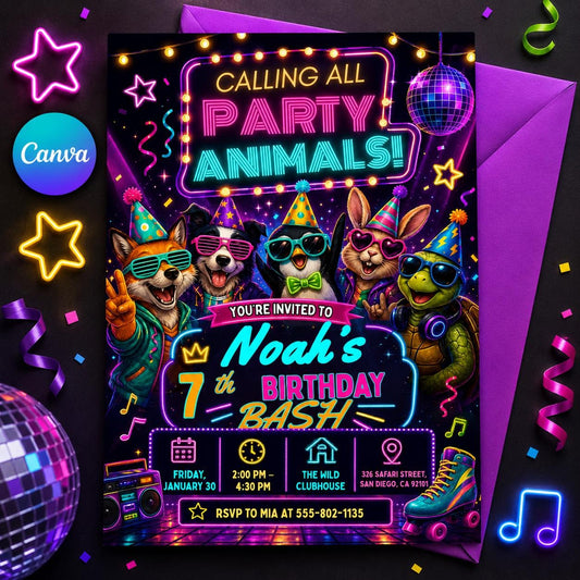 Party Animals Birthday Invitation Editable Template for Kids, Neon Any Age invite, Animal Celebration Kids Birthday, Any Age Birthday, Canva __etsy:8108279661
