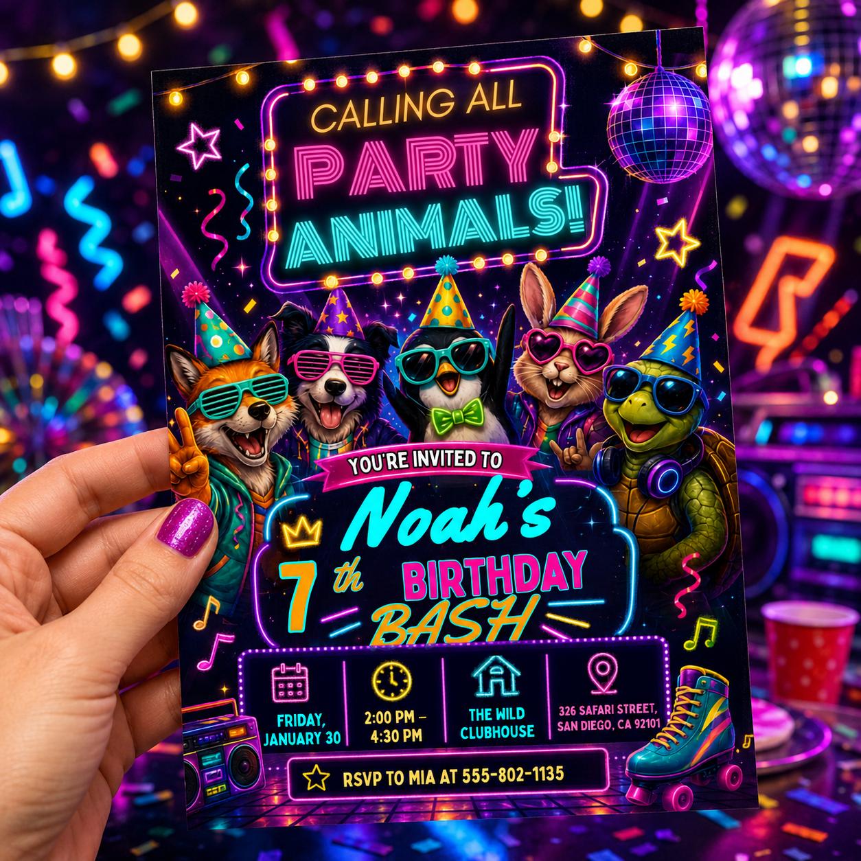 Party Animals Birthday Invitation Editable Template for Kids, Neon Any Age invite, Animal Celebration Kids Birthday, Any Age Birthday, Canva __etsy:8060365916