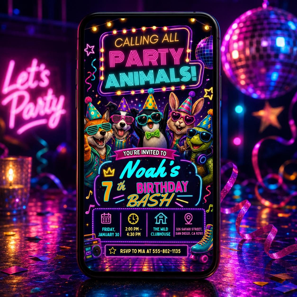 Party Animals Birthday Invitation Editable Template for Kids, Neon Any Age invite, Animal Celebration Kids Birthday, Any Age Birthday, Canva __etsy:8060365910