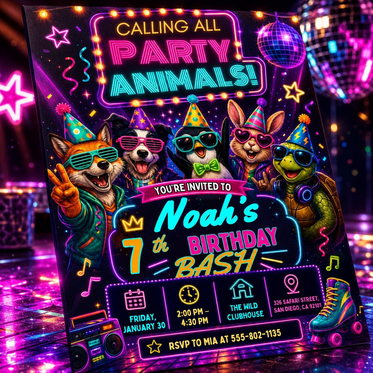 Party Animals Birthday Invitation Editable Template for Kids, Neon Any Age invite, Animal Celebration Kids Birthday, Any Age Birthday, Canva __etsy:8108279693