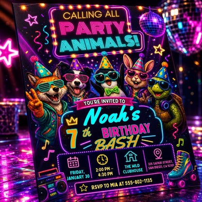 Party Animals Birthday Invitation Editable Template for Kids, Neon Any Age invite, Animal Celebration Kids Birthday, Any Age Birthday, Canva __etsy:8108279693