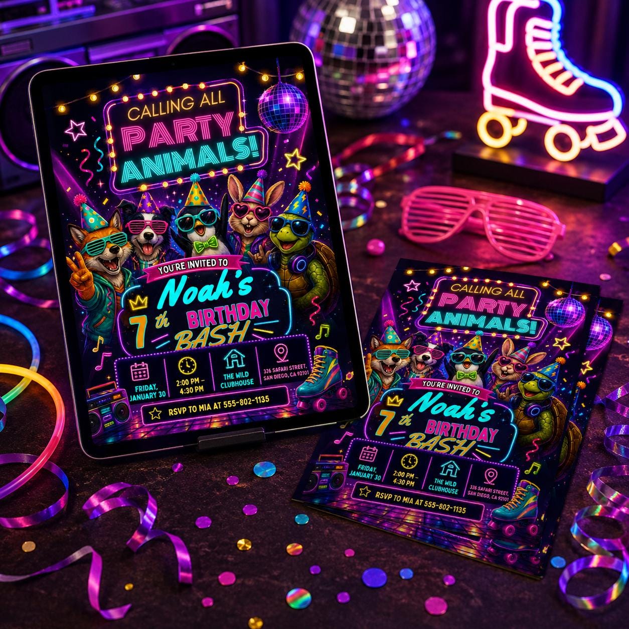 Party Animals Birthday Invitation Editable Template for Kids, Neon Any Age invite, Animal Celebration Kids Birthday, Any Age Birthday, Canva __etsy:8108279691