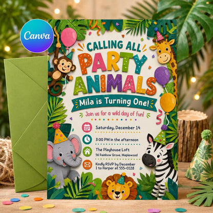 Party Animals Birthday Invitation Pastel Rainbow Cheetah Print Leopard Print Wild Safari Animals Birthday Party, Jungle Animals Birthday __etsy:8063072992