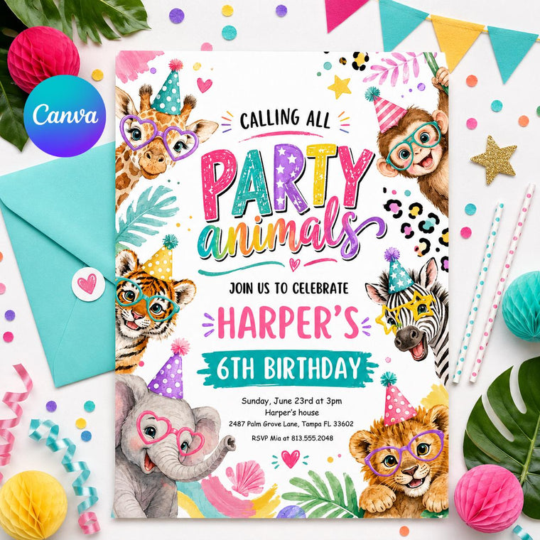 Neon Party Animals Birthday Invitation