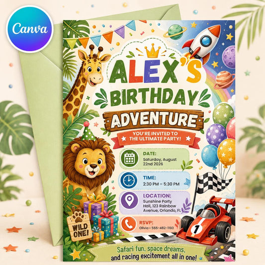 Party Animals Birthday Invitation Template, Boys Birthday Invite, Safari Zoo Animal Party Invite, Editable Canva Template __etsy:8055837926