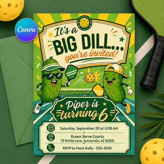 Pickleball Birthday Invitation, Big Dill Party Theme, Turning Two is a Big Dill Party Girl, Big Dill Pickle Kids Invite, Editable Canva __etsy:8070597430