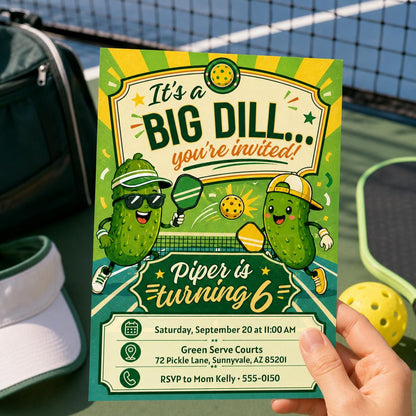 Pickleball Birthday Invitation, Big Dill Party Theme, Turning Two is a Big Dill Party Girl, Big Dill Pickle Kids Invite, Editable Canva __etsy:8070597398