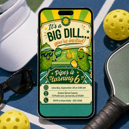 Pickleball Birthday Invitation, Big Dill Party Theme, Turning Two is a Big Dill Party Girl, Big Dill Pickle Kids Invite, Editable Canva __etsy:8118517679