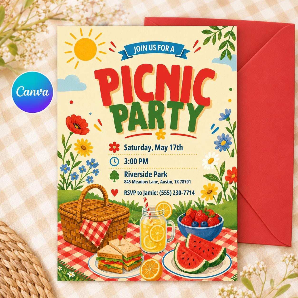 Picnic Invitation, Editable Canva Summer Party Invite, Summer Park Party Invitation, Outdoor Party Invite, Picnic Birthday invitation __etsy:8101359715