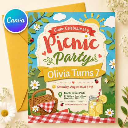 Picnic Invitation Template Summer Party Summer Park Party Invitation, Outdoor Party Invite, Picnic Birthday invitation Canva Template __etsy:8060261494