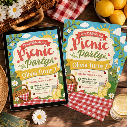 Picnic Invitation Template Summer Party Summer Park Party Invitation, Outdoor Party Invite, Picnic Birthday invitation Canva Template __etsy:8060261530
