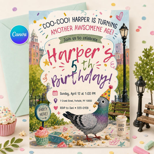 Pigeon Birthday Invitation, Funny Bird Party Invite , Animal Theme , Capybara Birthday Party Invitation , Canva Template __etsy:8111738105