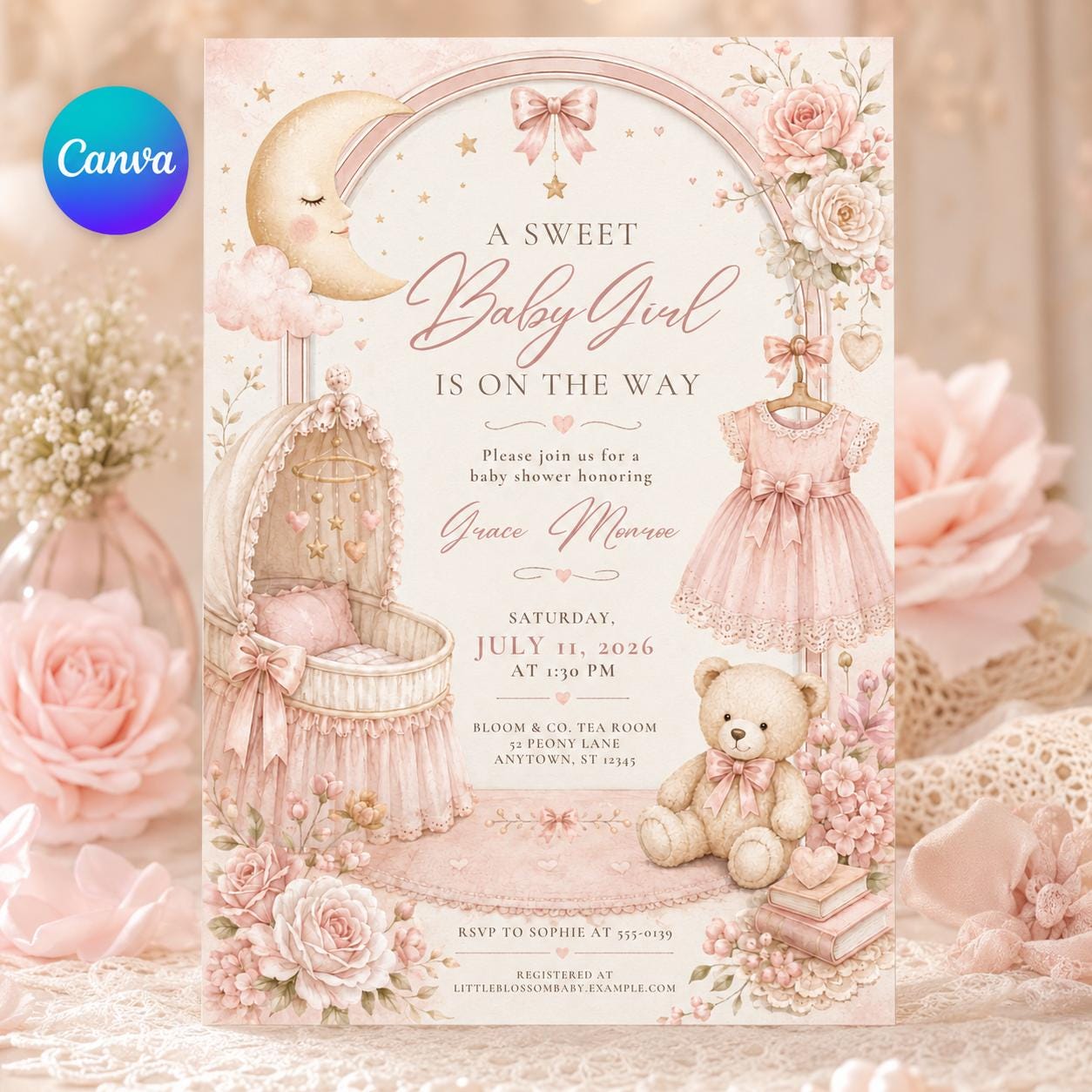 Pink Baby Girl Shower Invitations, Sweet Floral Teddy Bear Moon Bow Crib Theme, Editable Canva Template, Printable Digital invite __etsy:8176522083