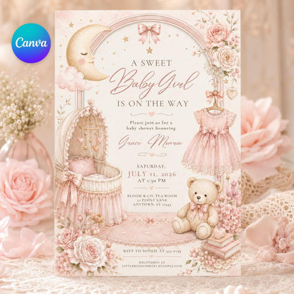 Pink Baby Girl Shower Invitations, Sweet Floral Teddy Bear Moon Bow Crib Theme, Editable Canva Template, Printable Digital invite __etsy:8176522083