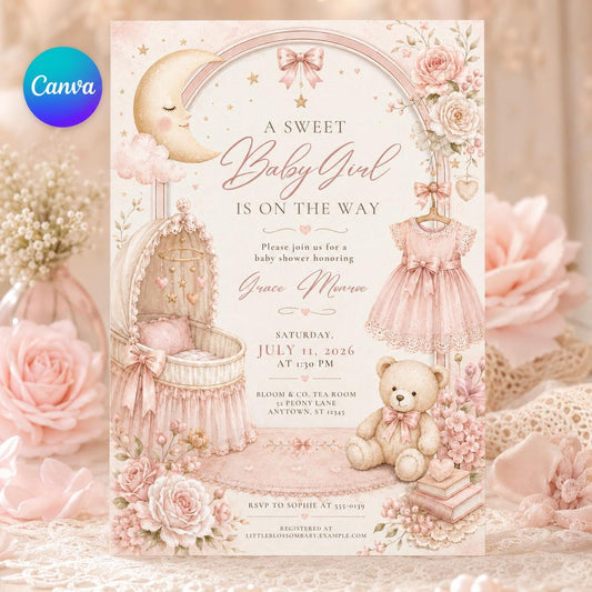 Pink Baby Girl Shower Invitations, Sweet Floral Teddy Bear Moon Bow Crib Theme, Editable Canva Template, Printable Digital invite __etsy:8176522083