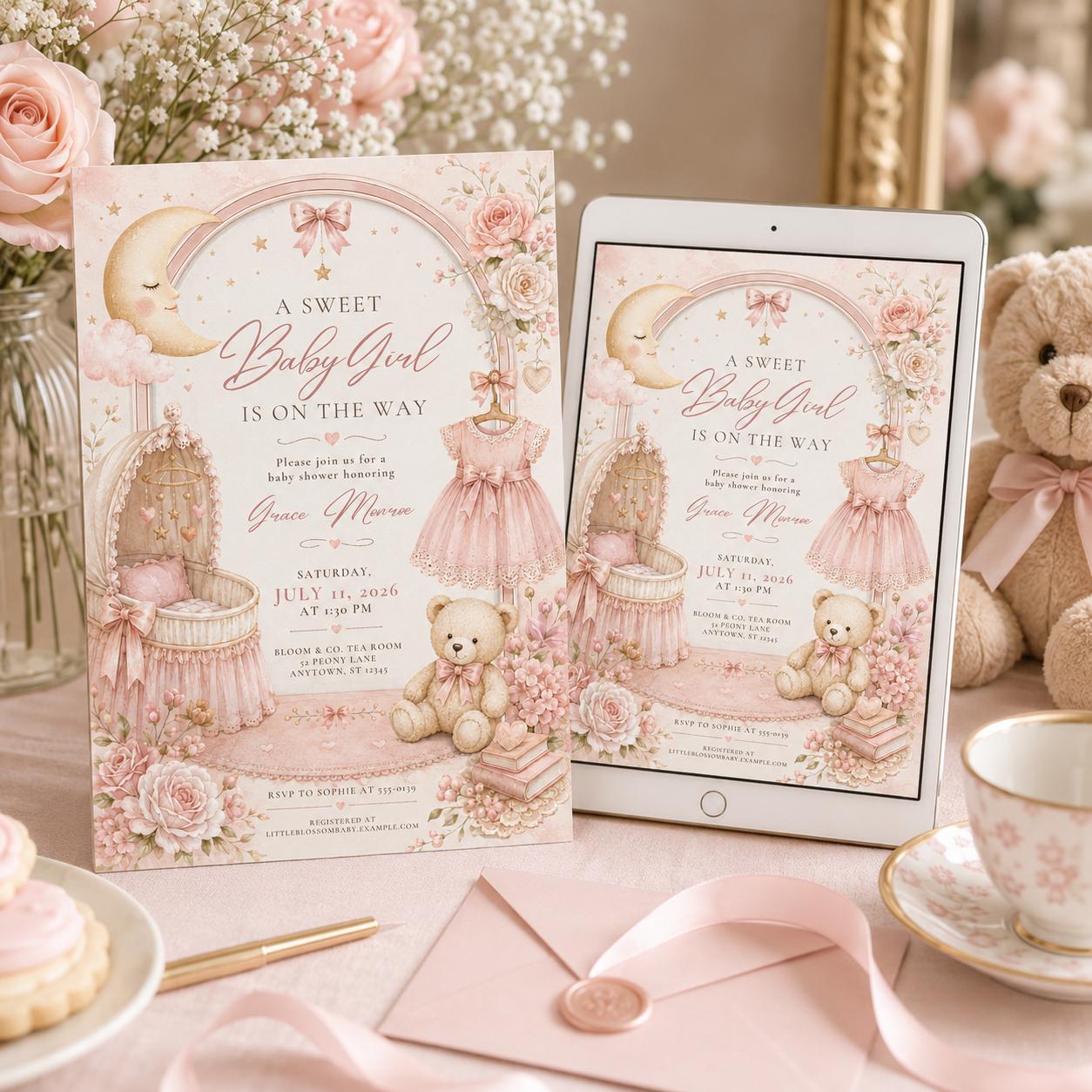Pink Baby Girl Shower Invitations, Sweet Floral Teddy Bear Moon Bow Crib Theme, Editable Canva Template, Printable Digital invite __etsy:8176522109