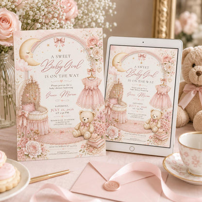 Pink Baby Girl Shower Invitations, Sweet Floral Teddy Bear Moon Bow Crib Theme, Editable Canva Template, Printable Digital invite __etsy:8176522109