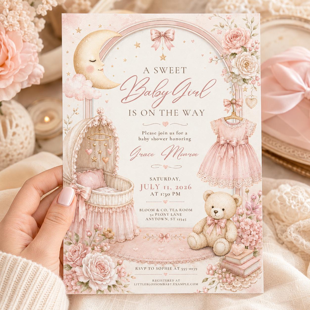 Pink Baby Girl Shower Invitations, Sweet Floral Teddy Bear Moon Bow Crib Theme, Editable Canva Template, Printable Digital invite __etsy:8128608920
