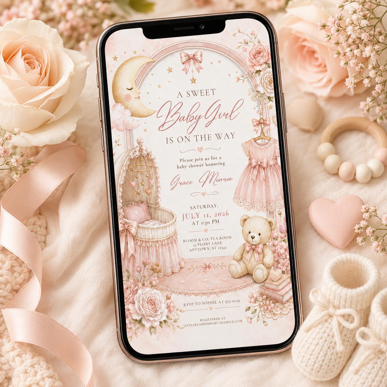 Pink Baby Girl Shower Invitations, Sweet Floral Teddy Bear Moon Bow Crib Theme, Editable Canva Template, Printable Digital invite __etsy:8128608922