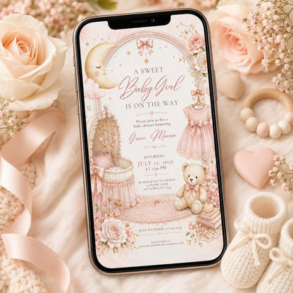 Pink Baby Girl Shower Invitations, Sweet Floral Teddy Bear Moon Bow Crib Theme, Editable Canva Template, Printable Digital invite __etsy:8128608922