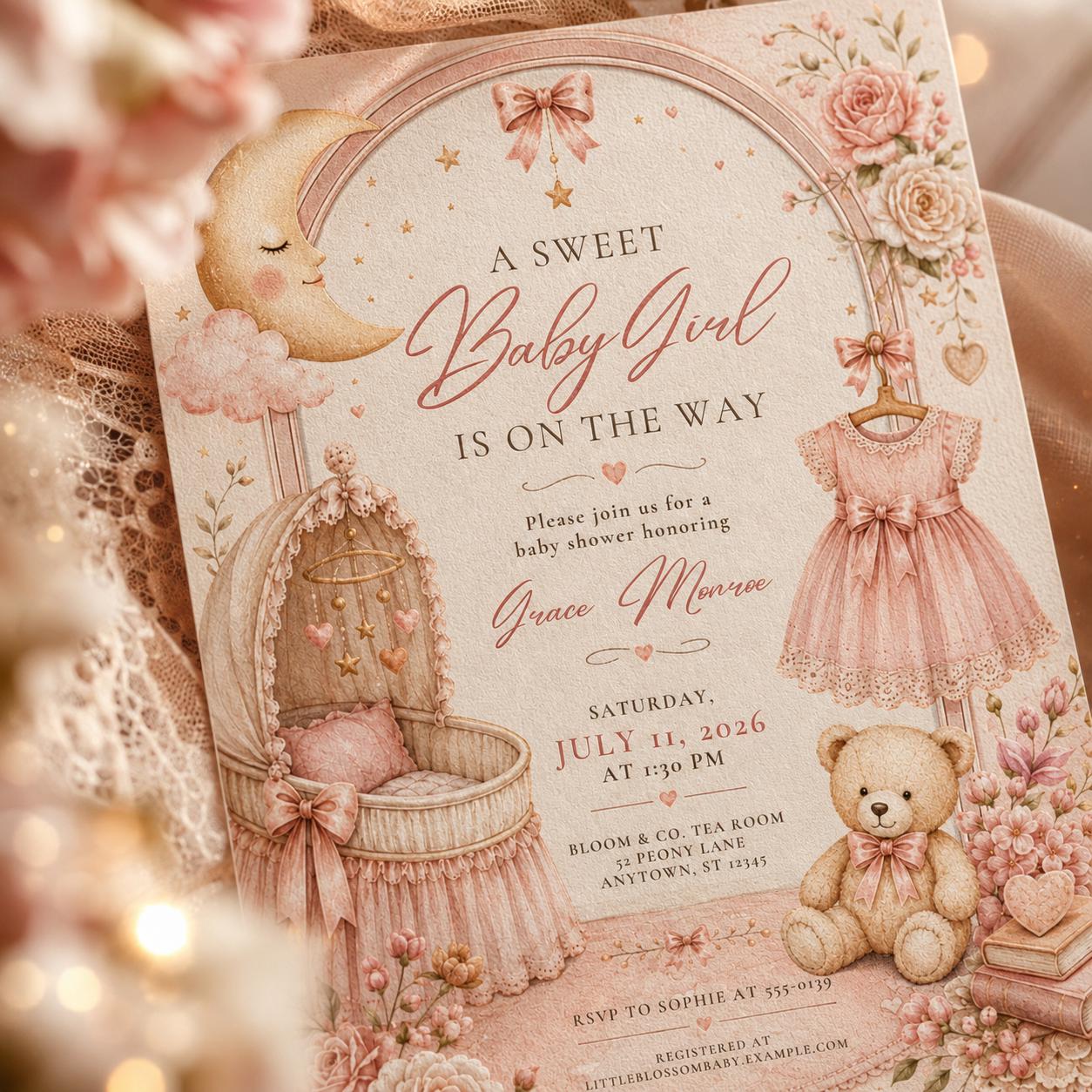 Pink Baby Girl Shower Invitations, Sweet Floral Teddy Bear Moon Bow Crib Theme, Editable Canva Template, Printable Digital invite __etsy:8128608918