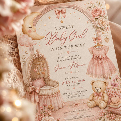 Pink Baby Girl Shower Invitations, Sweet Floral Teddy Bear Moon Bow Crib Theme, Editable Canva Template, Printable Digital invite __etsy:8128608918