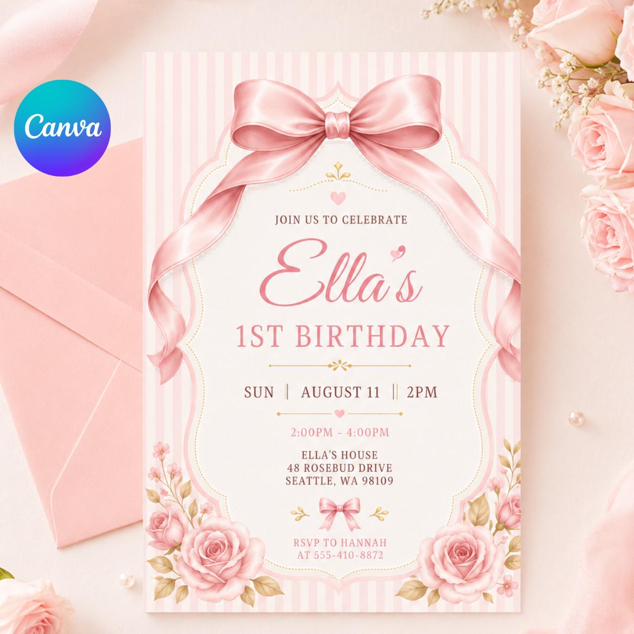 Pink Bow Birthday Invitation, Coquette Girly Party Invite, coquette bow invite, Pink bow 1st birthday invitation, Canva Template __etsy:8026294122