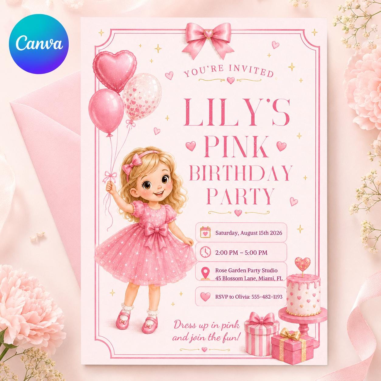 Pink Bow Birthday Invitation, Coquette Girly Party Invite, coquette bow invite, Pink bow 1st birthday invitation, Canva Template __etsy:8055838966