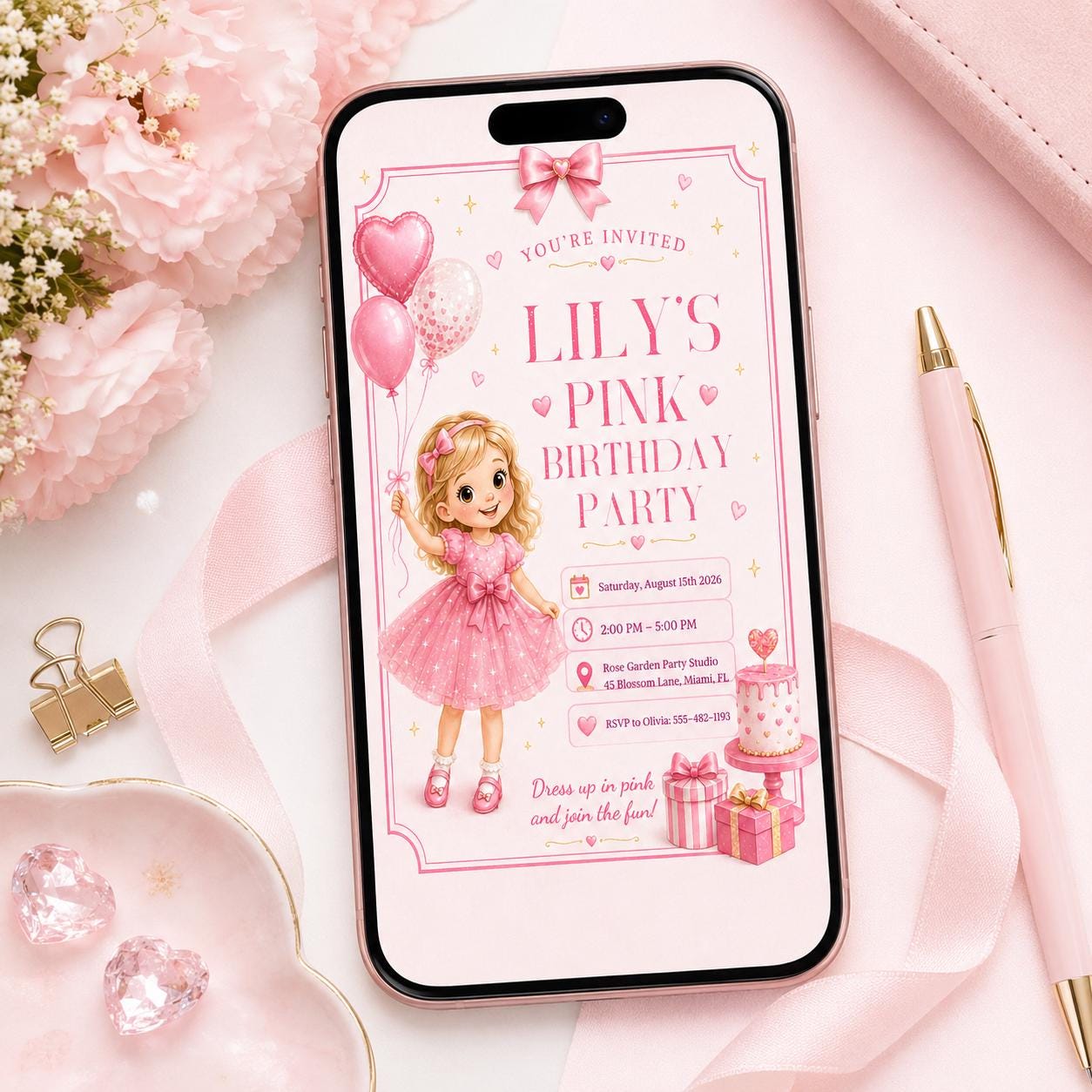 Pink Bow Birthday Invitation, Coquette Girly Party Invite, coquette bow invite, Pink bow 1st birthday invitation, Canva Template __etsy:8103750671