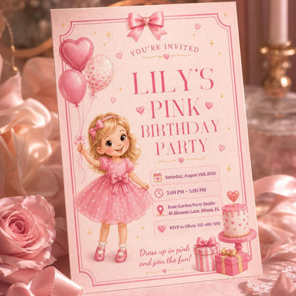 Pink Bow Birthday Invitation, Coquette Girly Party Invite, coquette bow invite, Pink bow 1st birthday invitation, Canva Template __etsy:8055838960